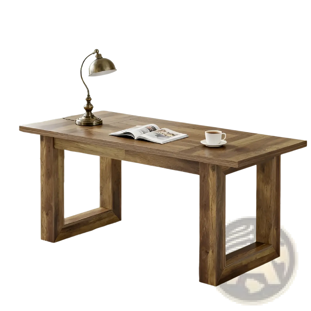 Rustic brown wooden computer and dining desk with sturdy rectangular legs and smooth natural wood grain finish