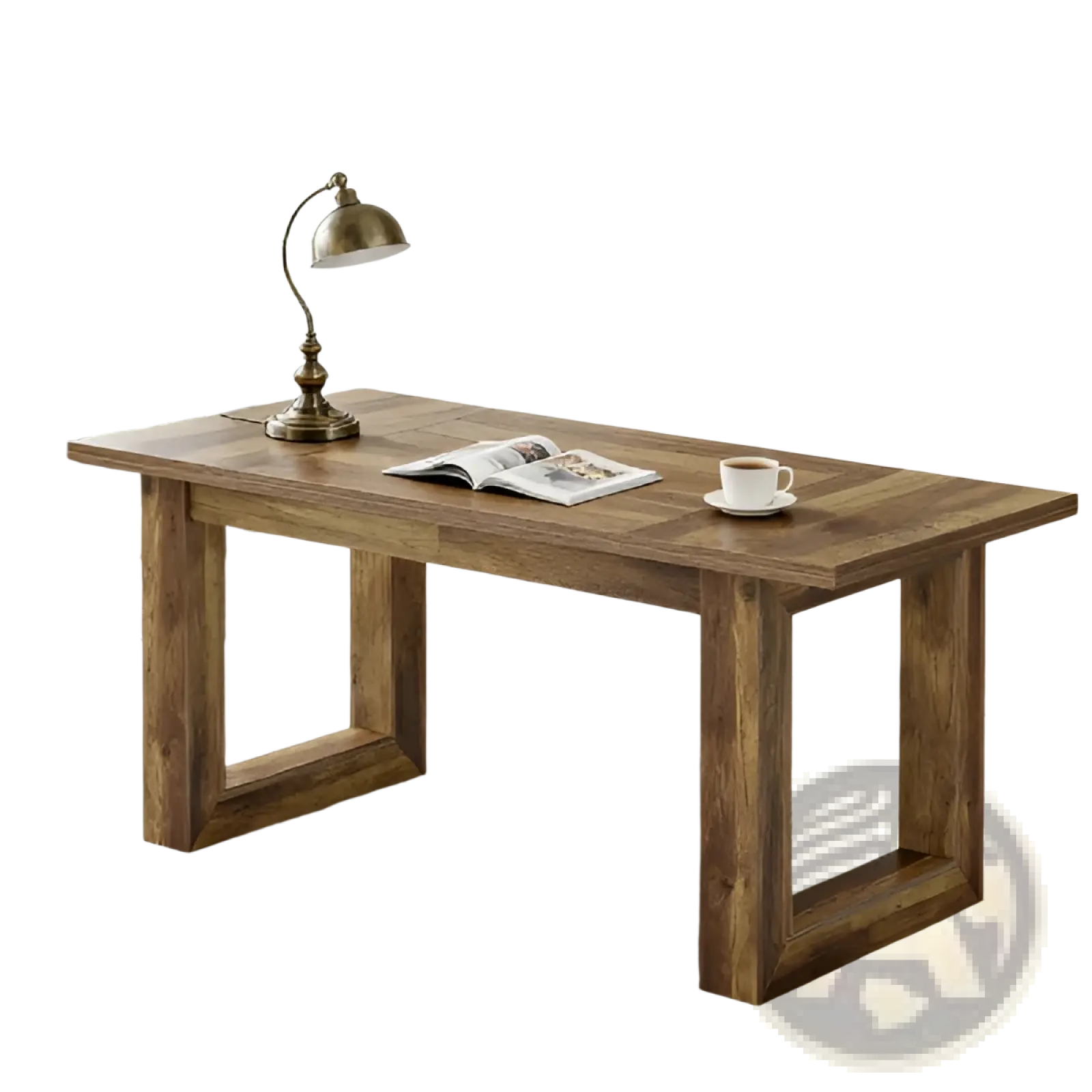 Rustic brown wooden computer and dining desk with sturdy rectangular legs and smooth natural wood grain finish