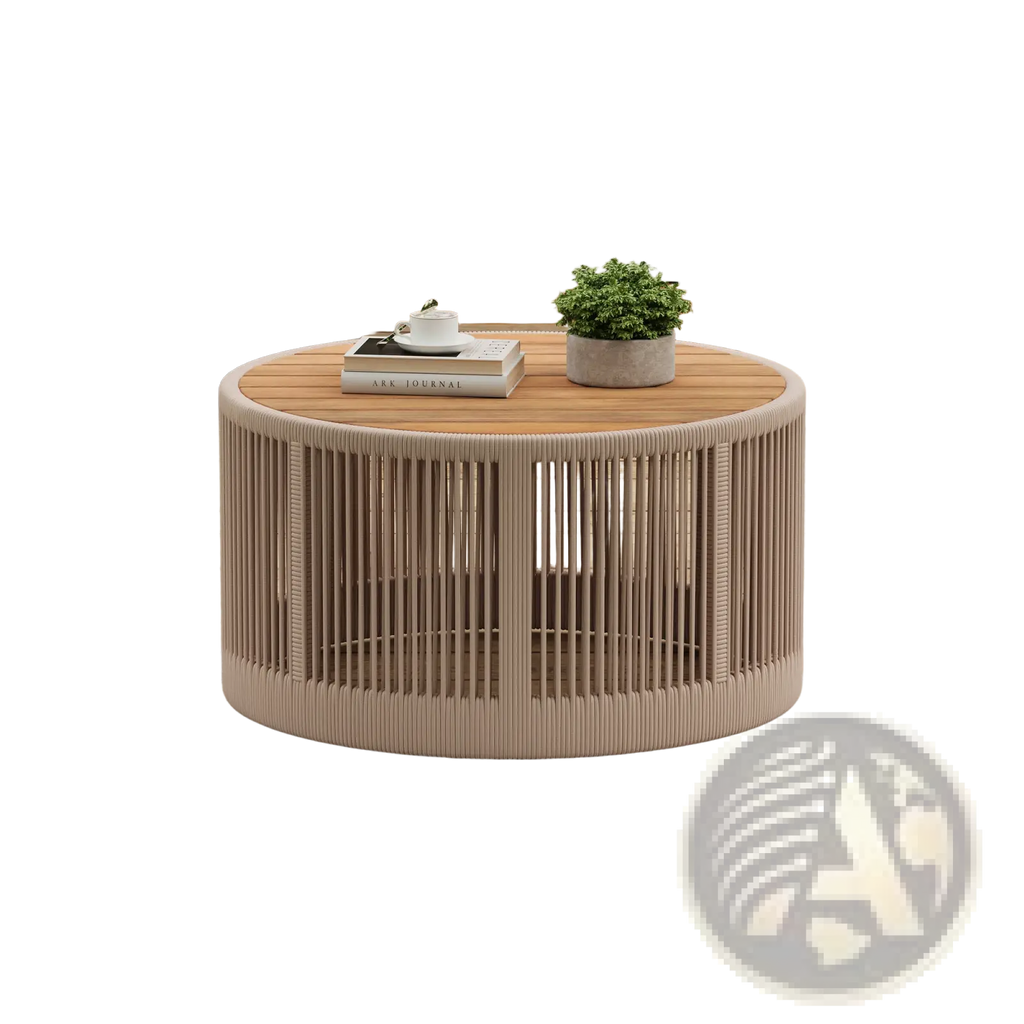 Round outdoor coffee table with woven rattan base and light wood top from rustic industrial table set woven rope design