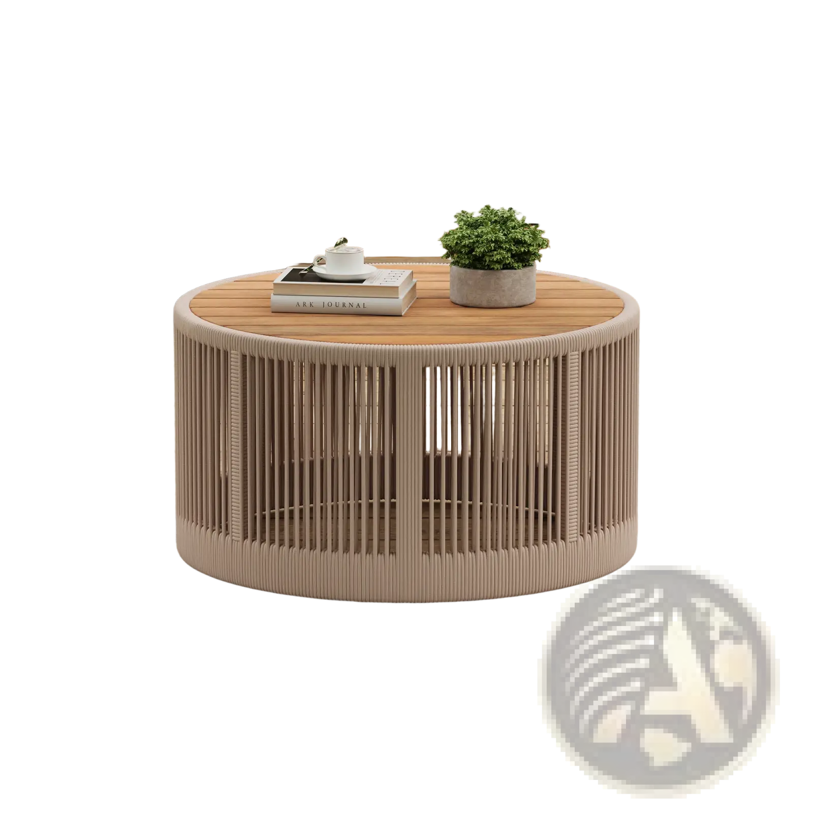 Round outdoor coffee table with woven rattan base and light wood top from rustic industrial table set woven rope design