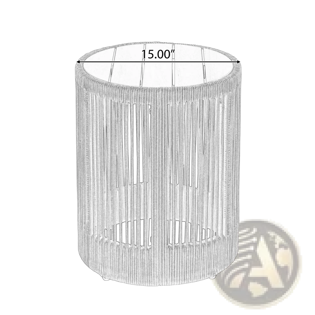 Rustic industrial cylindrical outdoor side table with woven rope wicker design and four small feet for stability