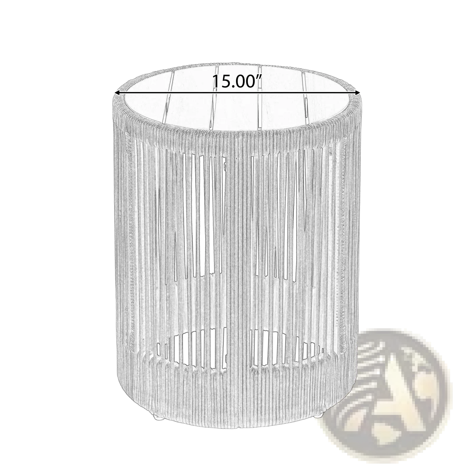 Rustic industrial cylindrical outdoor side table with woven rope wicker design and four small feet for stability