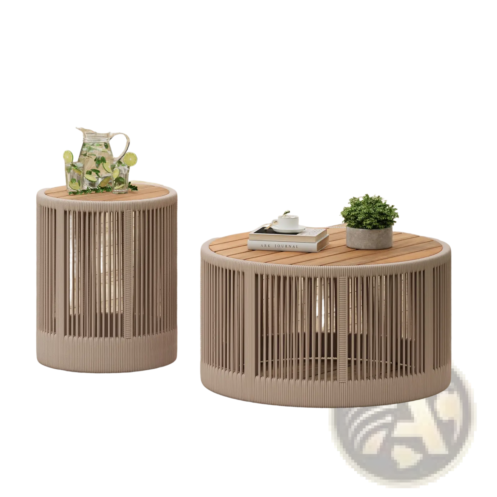 Beige cylindrical outdoor side table with vertical slats and round wooden top from rustic industrial woven rope set