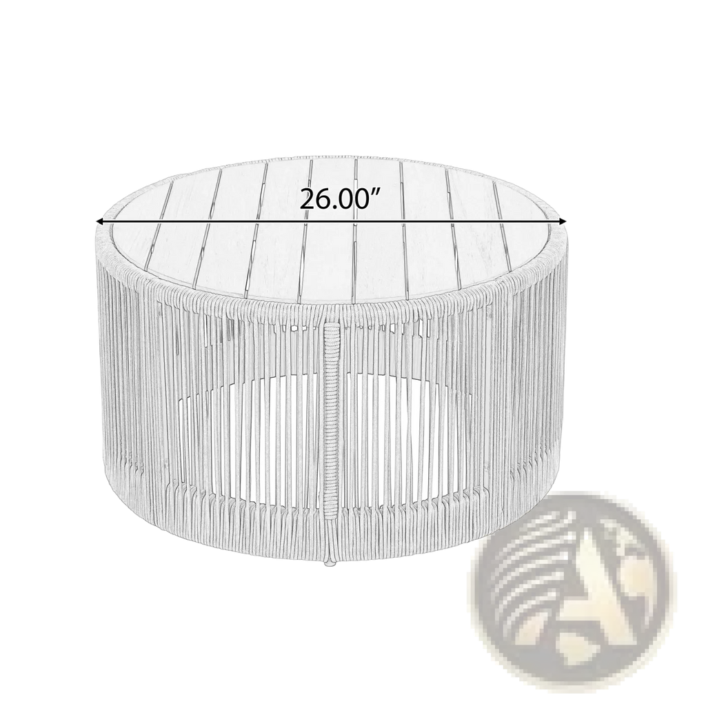 Rustic industrial white woven rattan coffee table with circular top and vertical slat sides for living room use