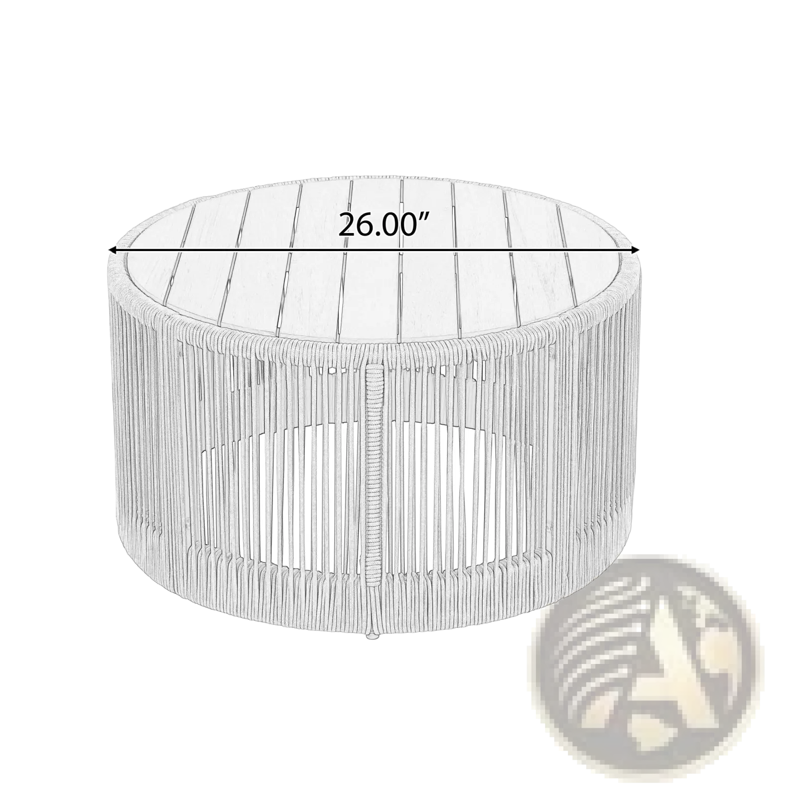 Rustic industrial white woven rattan coffee table with circular top and vertical slat sides for living room use