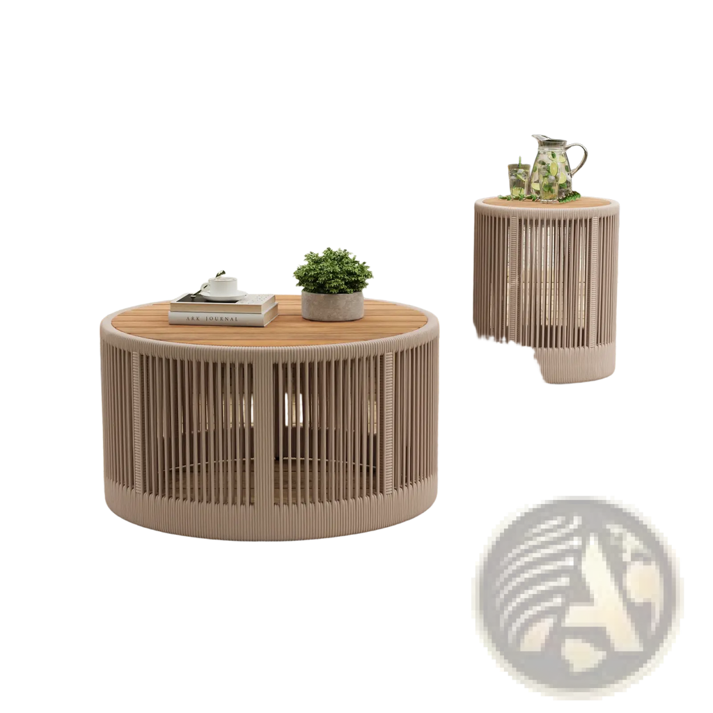 Rounded outdoor coffee table with natural wood top and vertical slat sides in muted beige finish rustic industrial style