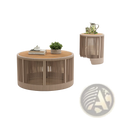 Rounded outdoor coffee table with natural wood top and vertical slat sides in muted beige finish rustic industrial style