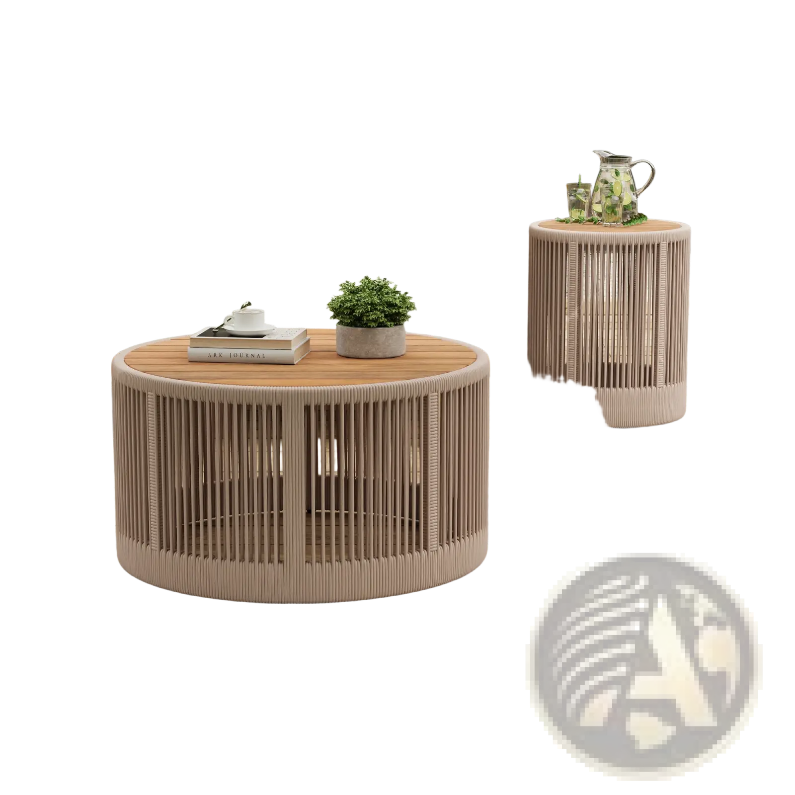 Rounded outdoor coffee table with natural wood top and vertical slat sides in muted beige finish rustic industrial style