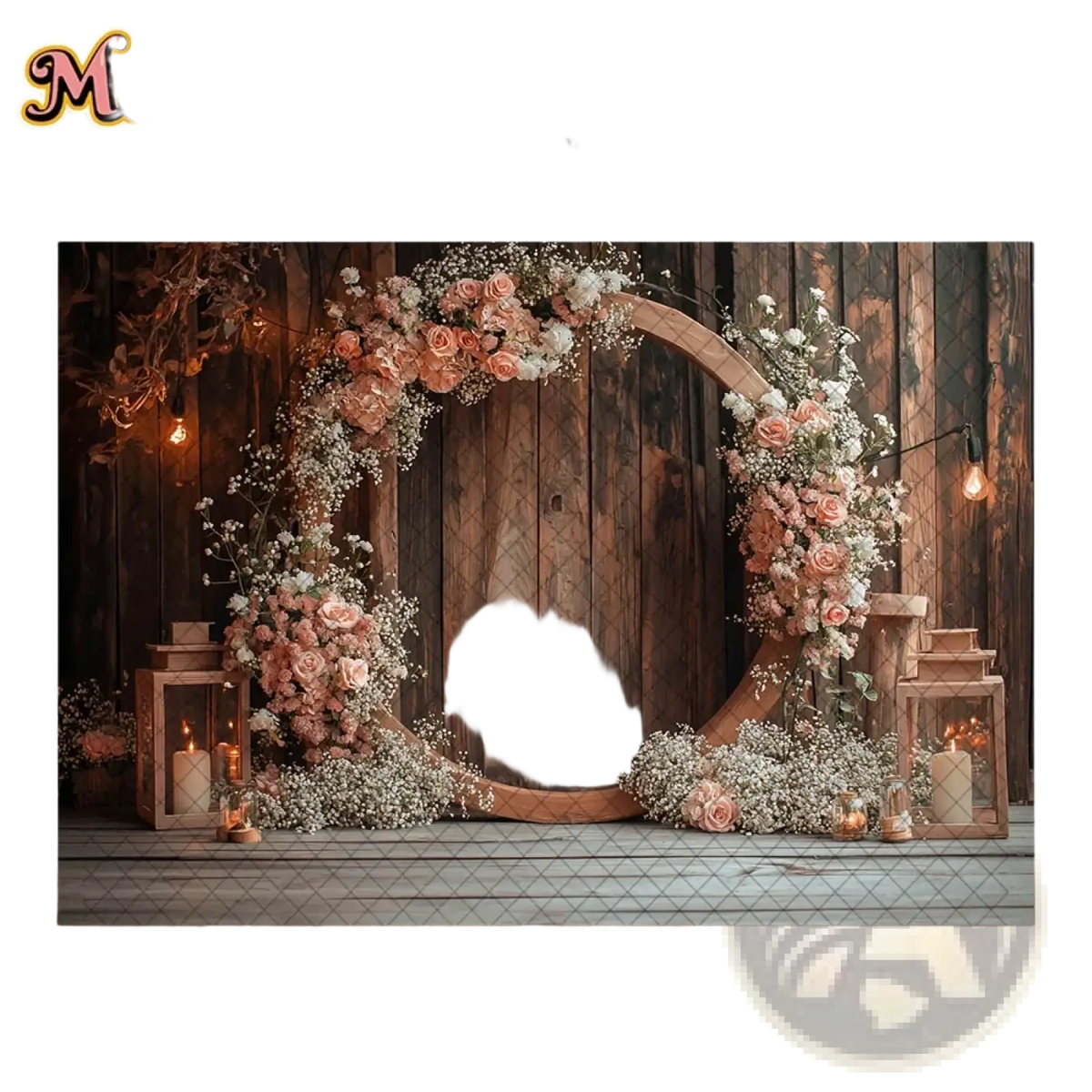 Rustic wedding photography backdrop featuring a wooden arch adorned with blush and white roses baby’s breath and lanterns