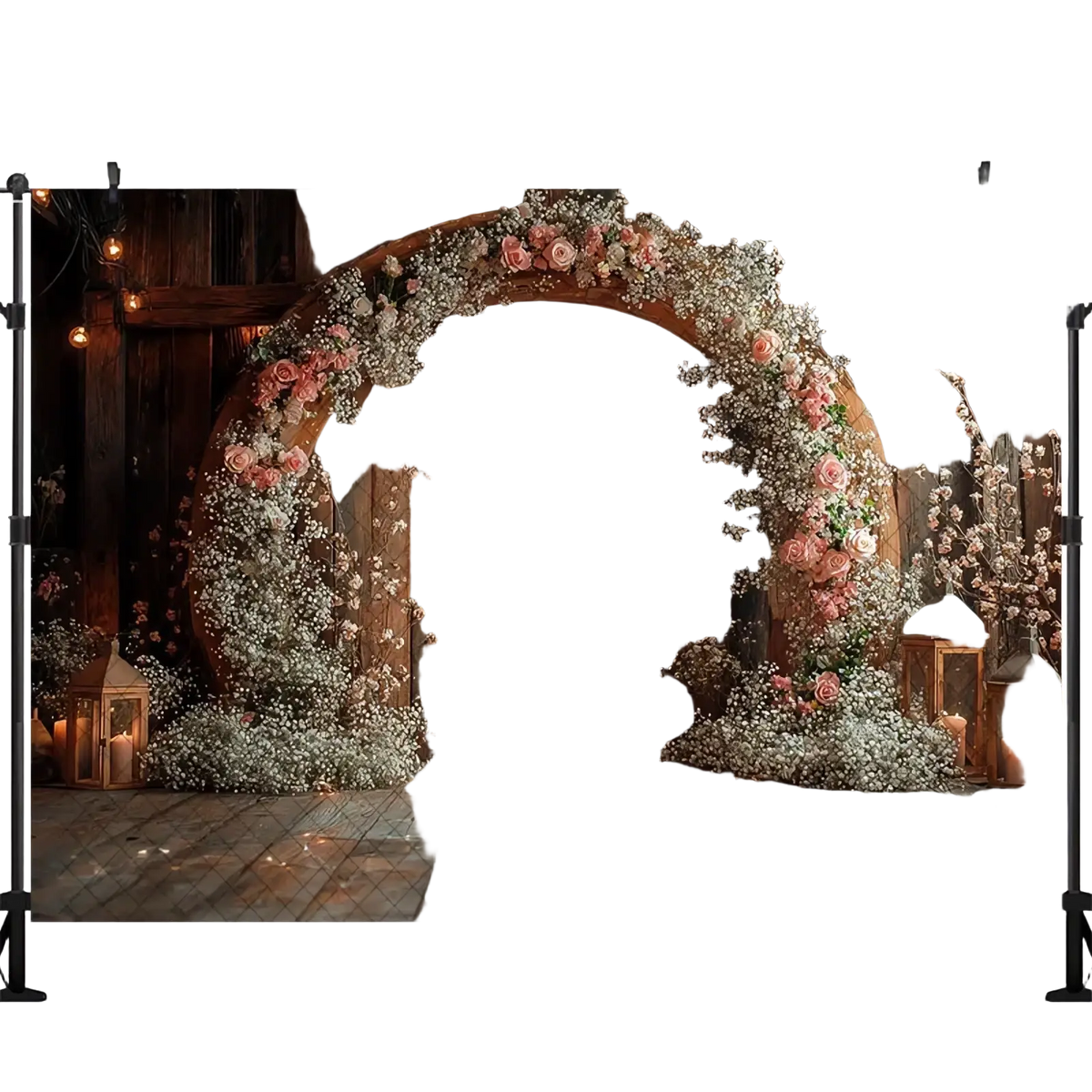 Rustic wedding photography backdrop with wooden arched doorway decorated with pink roses baby’s breath lanterns and lights