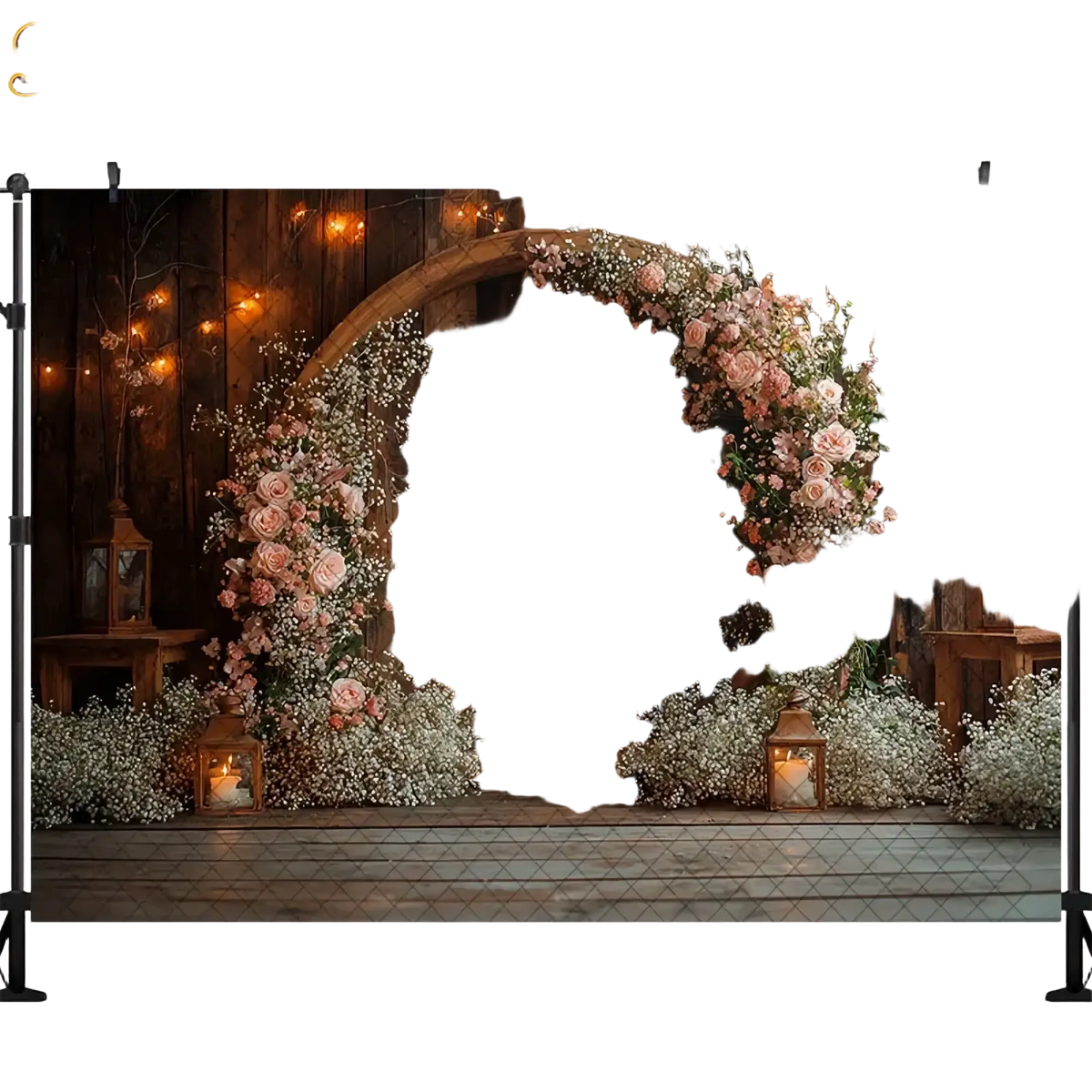 Rustic wedding photography backdrop wooden archway with pink roses baby’s breath warm string lights and lanterns