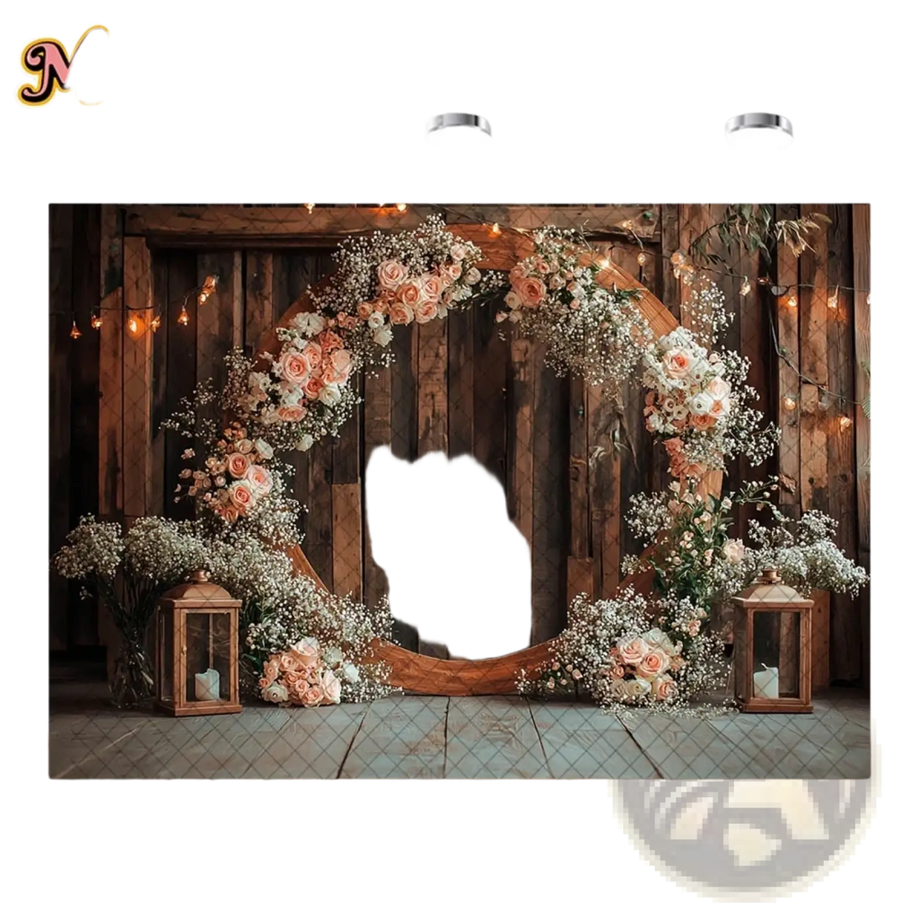 Rustic wedding photography backdrop featuring a wooden archway with peach and white roses and lanterns on tiled floor