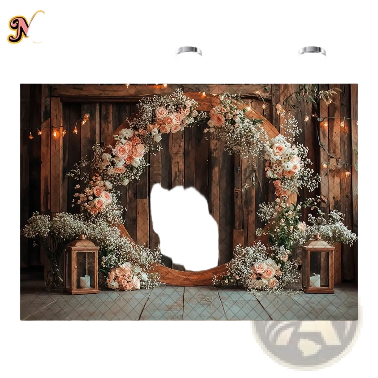 Rustic wedding photography backdrop featuring a wooden archway with peach and white roses and lanterns on tiled floor