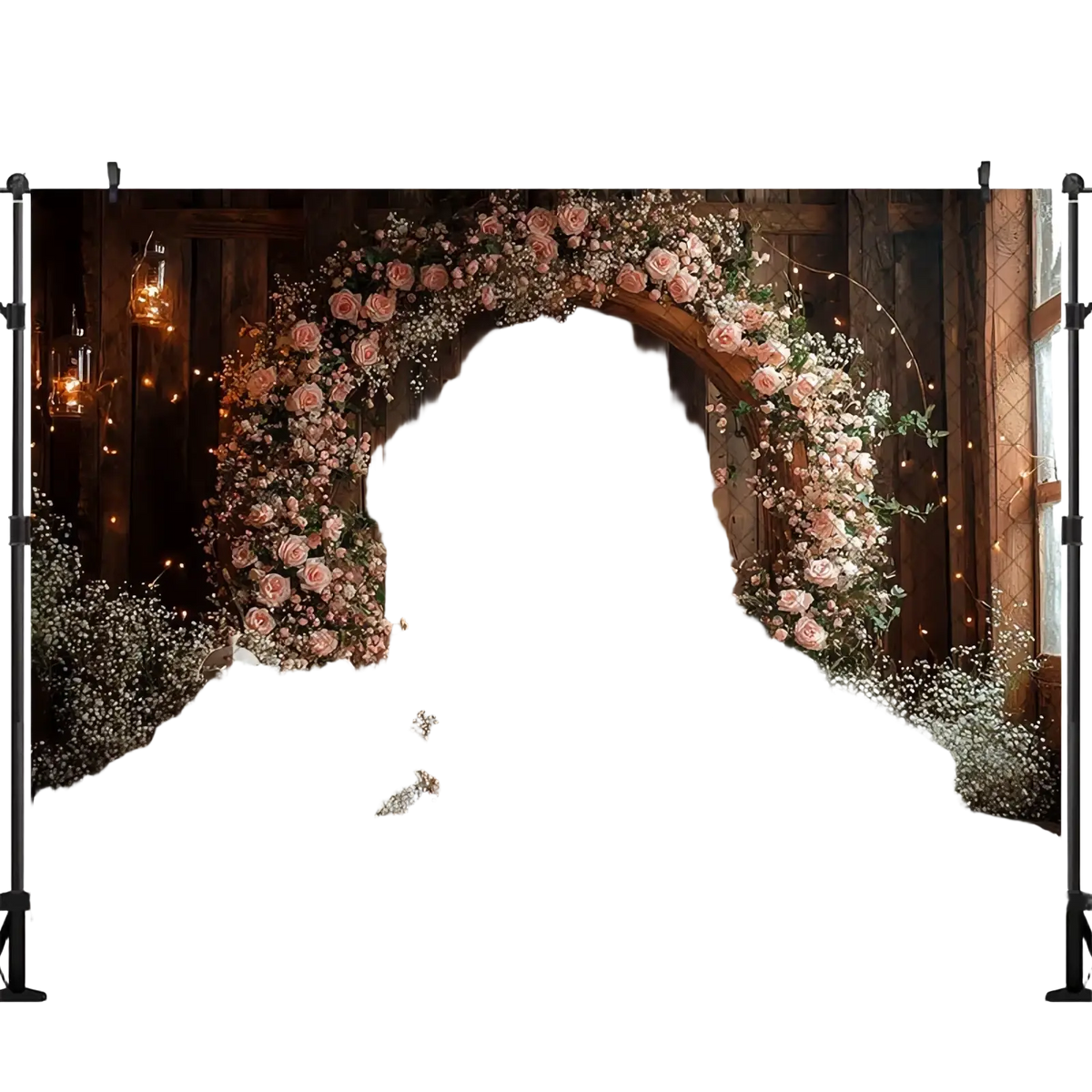 Rustic wedding photography backdrop wooden archway adorned with pink roses baby’s breath warm string lights and lanterns