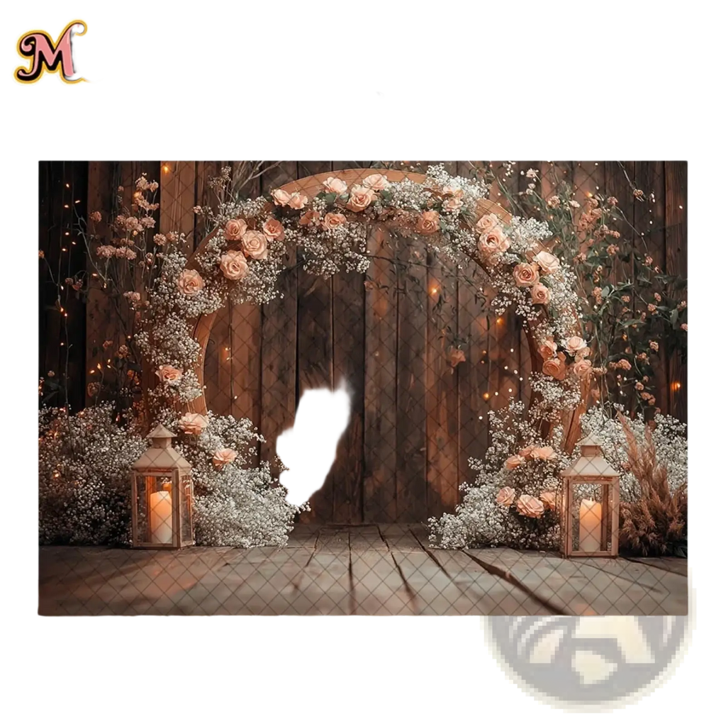 Rustic wedding photography backdrop featuring a wooden archway with blush roses baby’s breath and lanterns on wood floor
