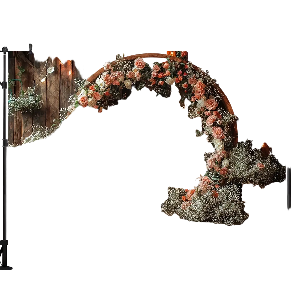 Rustic wedding photography backdrop wooden wreath adorned with cascading pink white roses and baby’s breath with string lights
