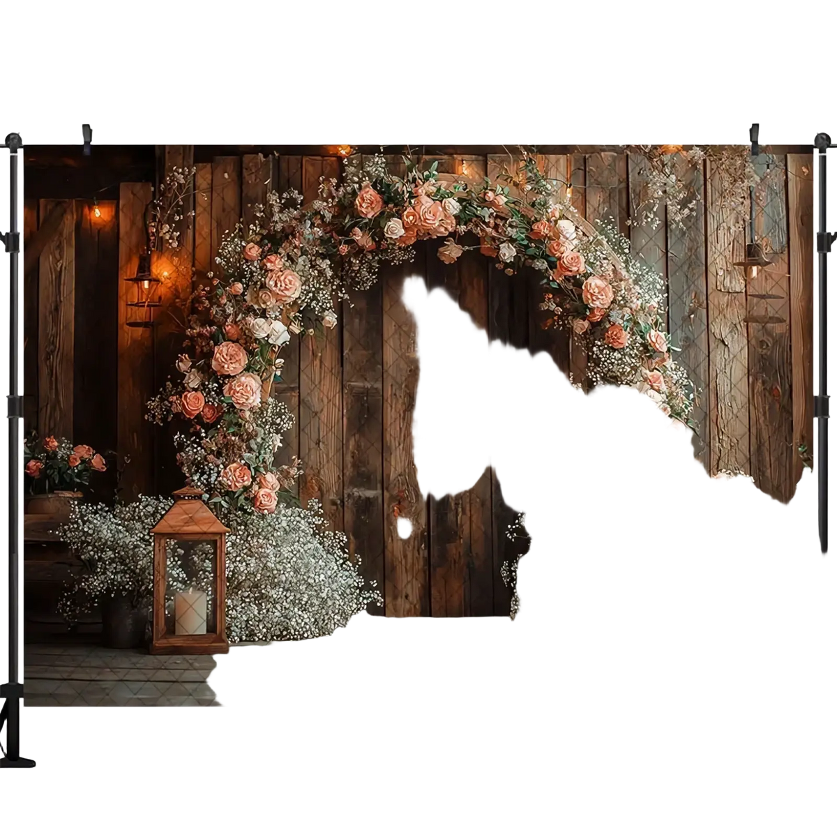 Rustic wedding photography backdrop wooden archway adorned with lush pink and white roses baby’s breath and greenery