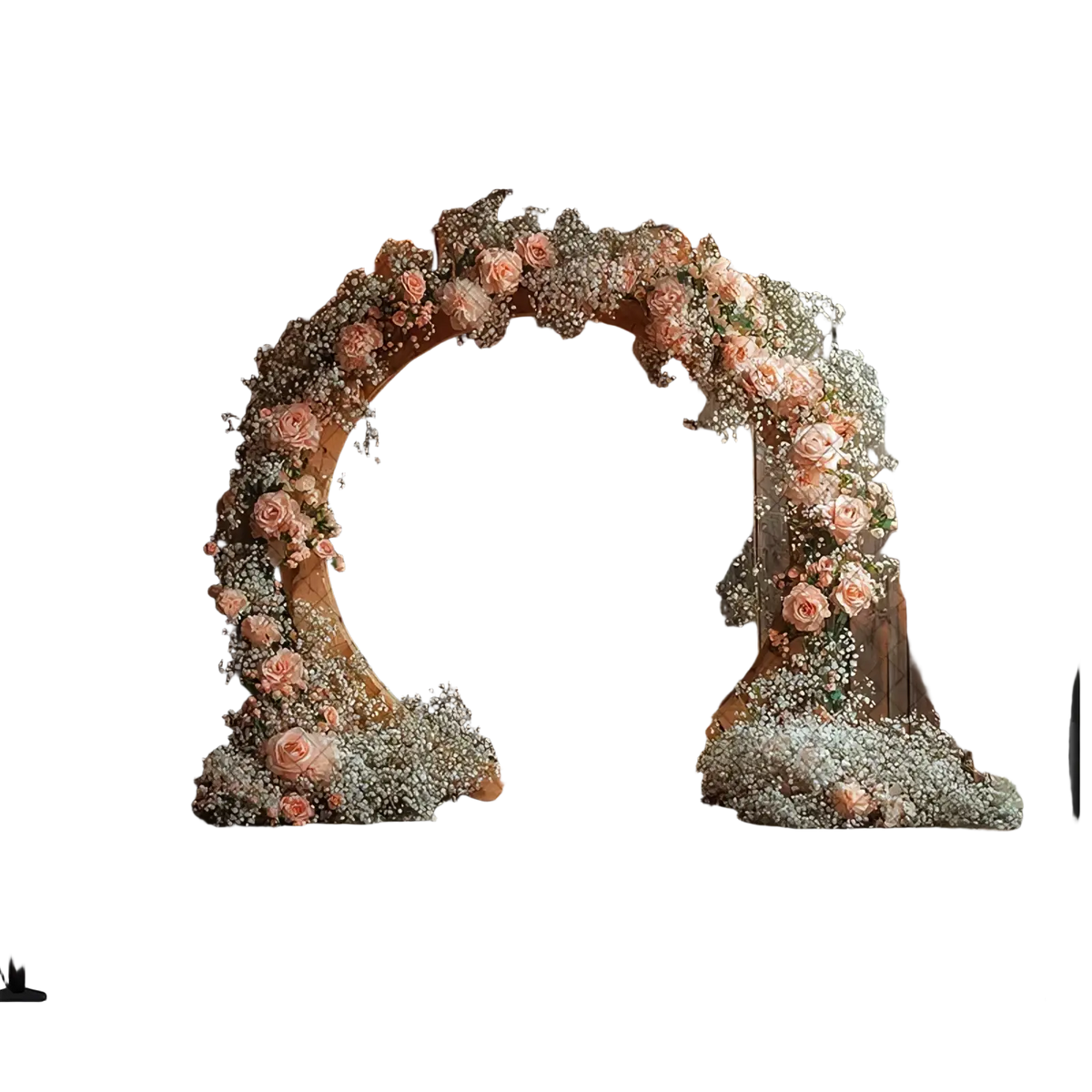 Rustic wedding photography backdrop featuring a wooden archway adorned with pink roses and babys breath flowers