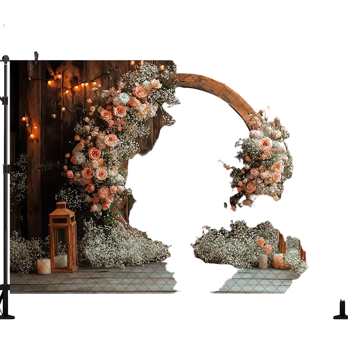 Rustic wedding photography backdrop wooden archway adorned with pink and white roses baby’s breath and string lights