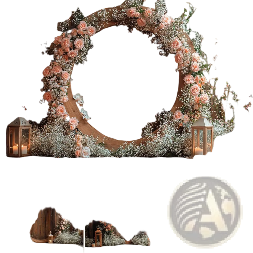 Rustic wedding photography backdrop wooden wreath circular arch adorned with pink roses white babys breath and lanterns