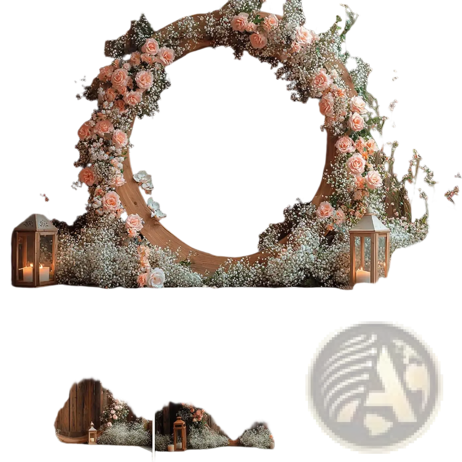 Rustic wedding photography backdrop wooden wreath circular arch adorned with pink roses white babys breath and lanterns