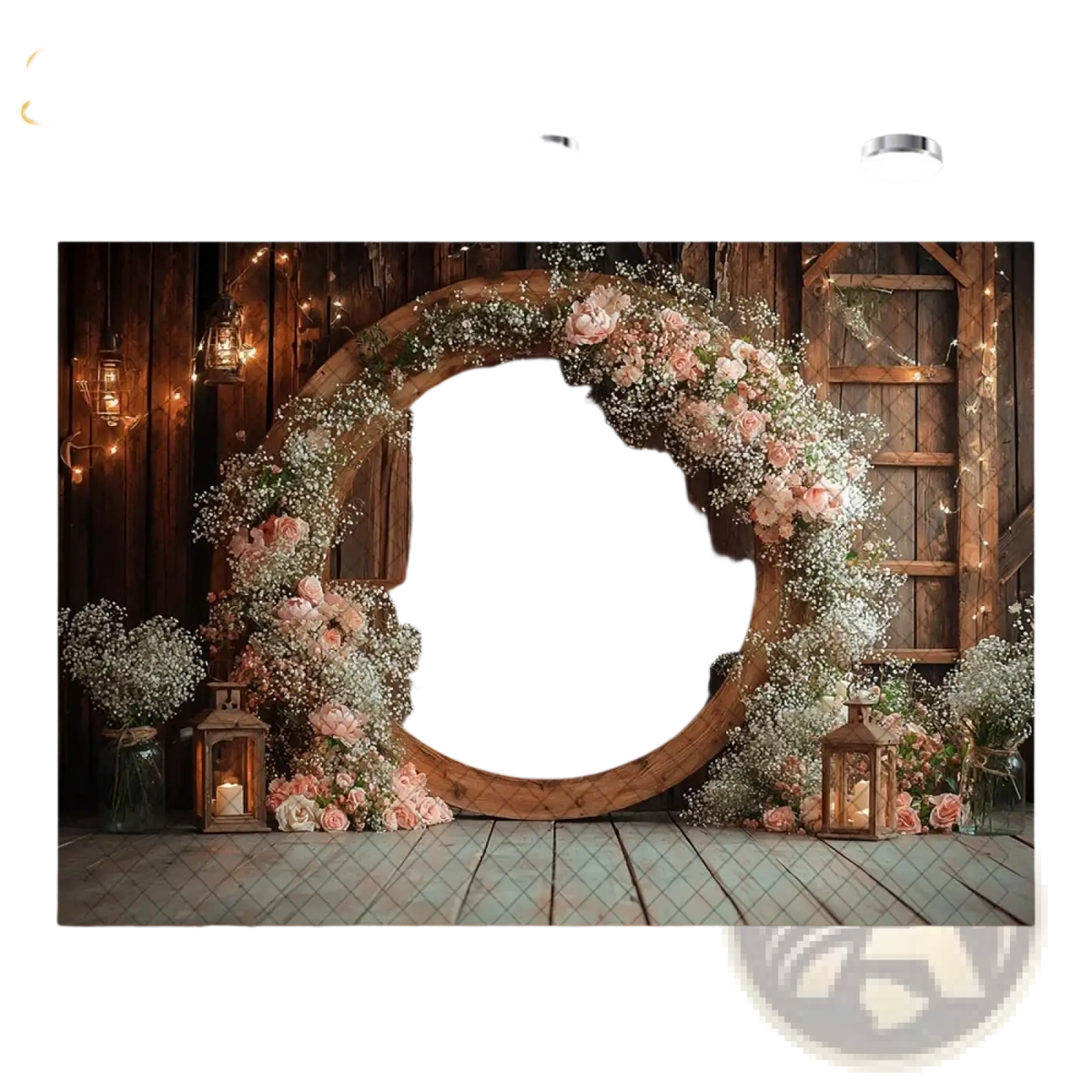 Rustic wedding photography backdrop wooden wreath with pink and white flowers lanterns and fairy lights design
