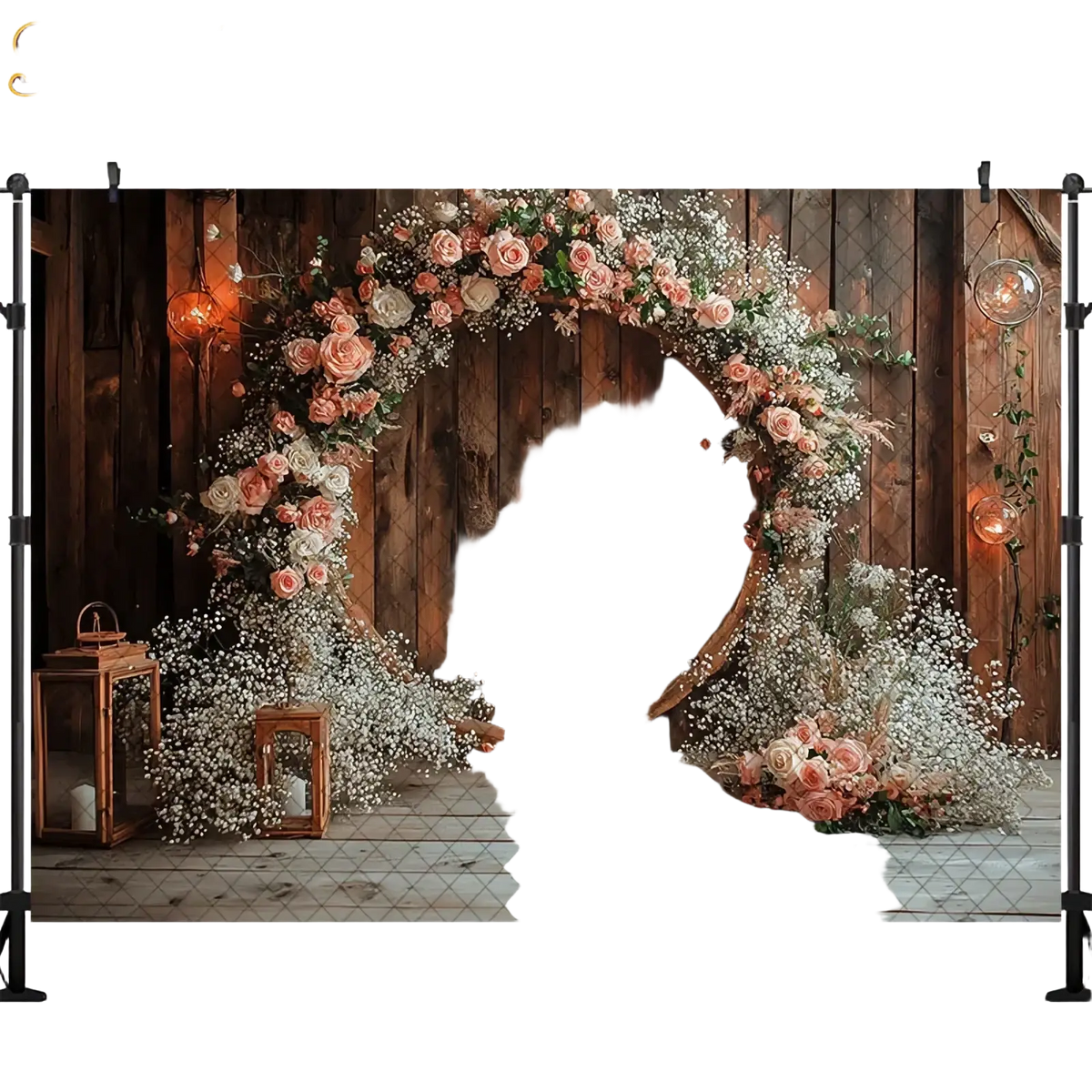Rustic wedding photography backdrop featuring a wooden circular arch adorned with pink and white roses and baby’s breath flowers