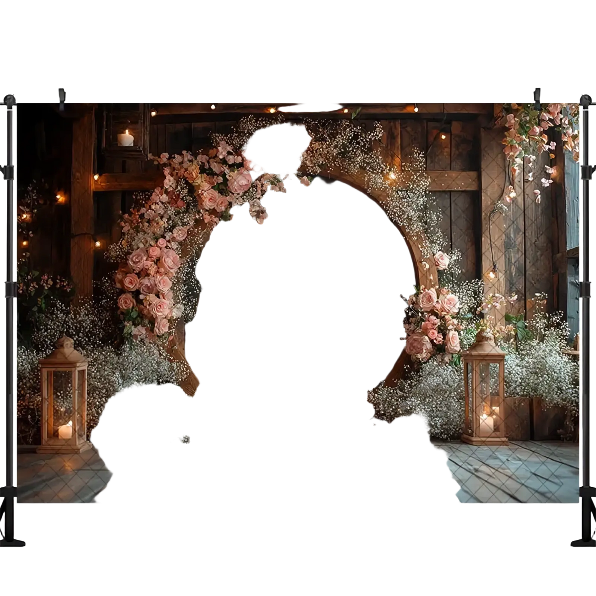 Rustic wedding photography backdrop featuring a wooden circular door with pink roses and lanterns on a weathered wall