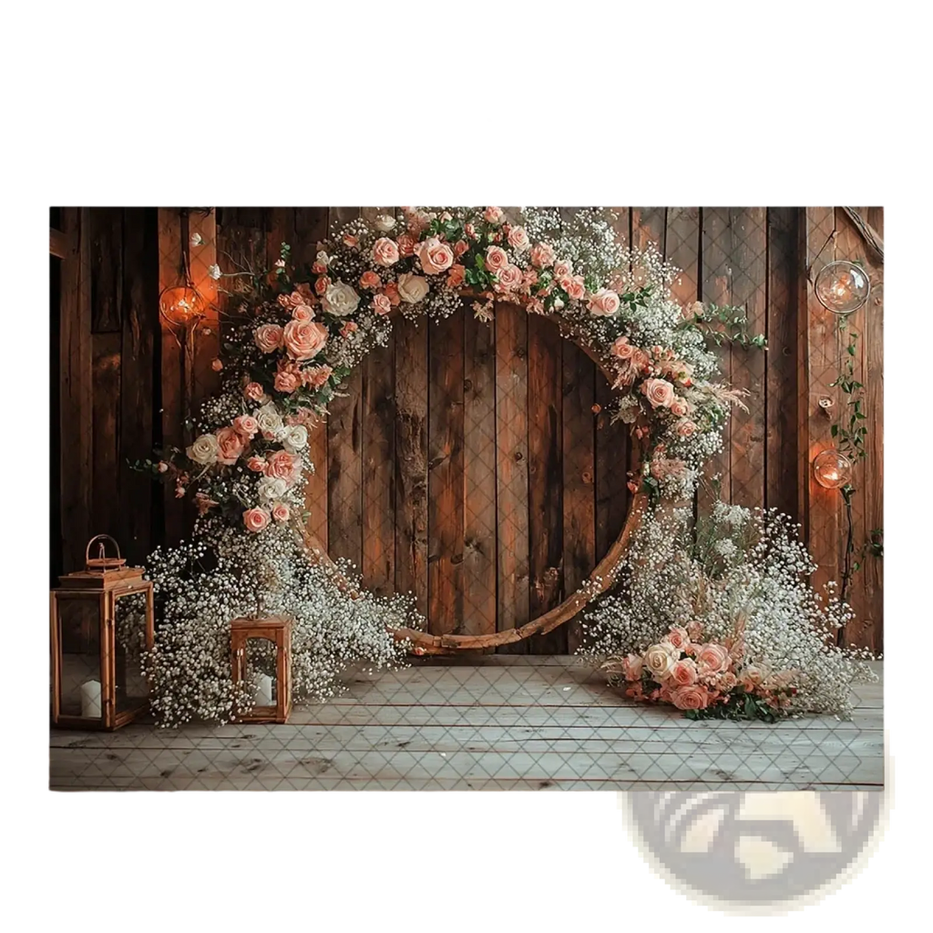 Rustic wedding photography backdrop wooden wreath adorned with pink and white roses baby’s breath and greenery