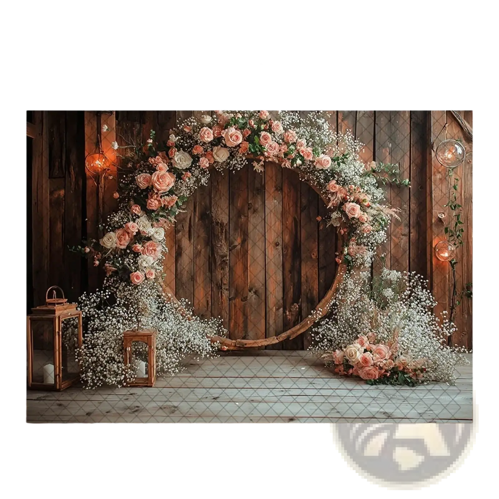 Rustic wedding photography backdrop wooden wreath adorned with pink and white roses baby’s breath and greenery