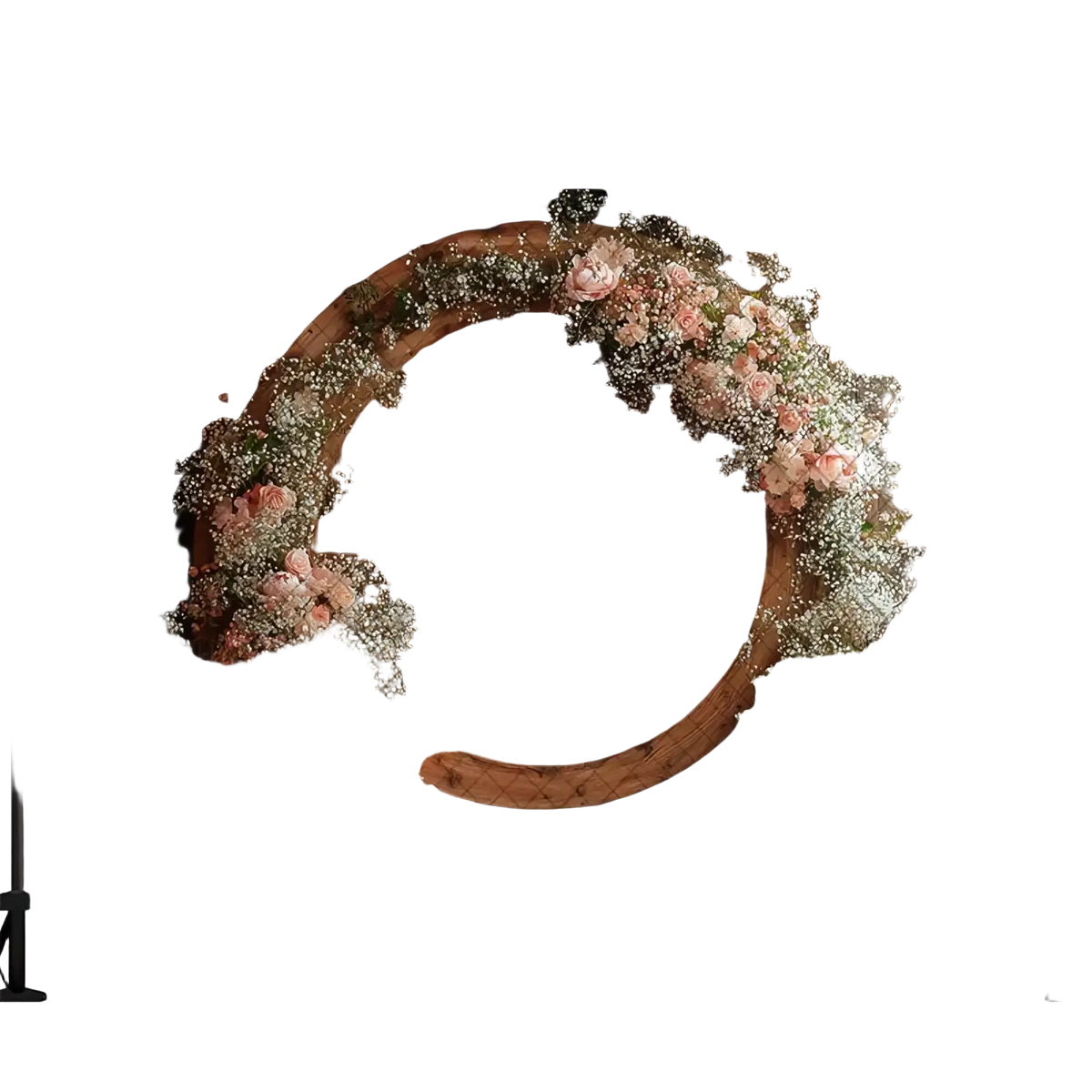 Rustic wedding photography backdrop wooden wreath with pink and white flowers against a weathered barn door