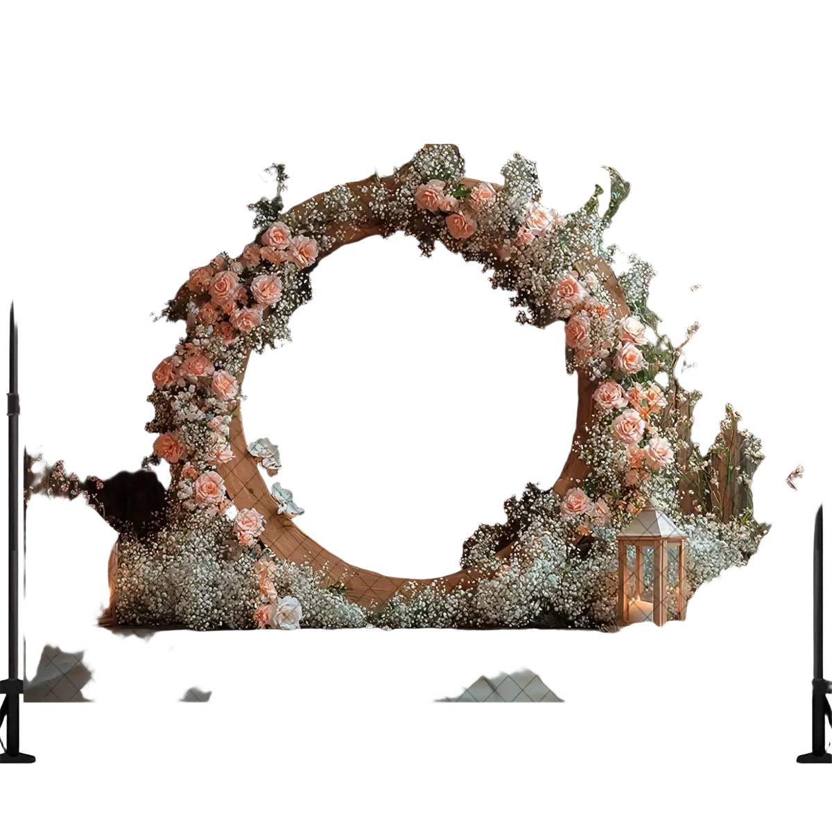 Rustic wedding photography backdrop featuring a wooden circular arch with pink roses and white babys breath
