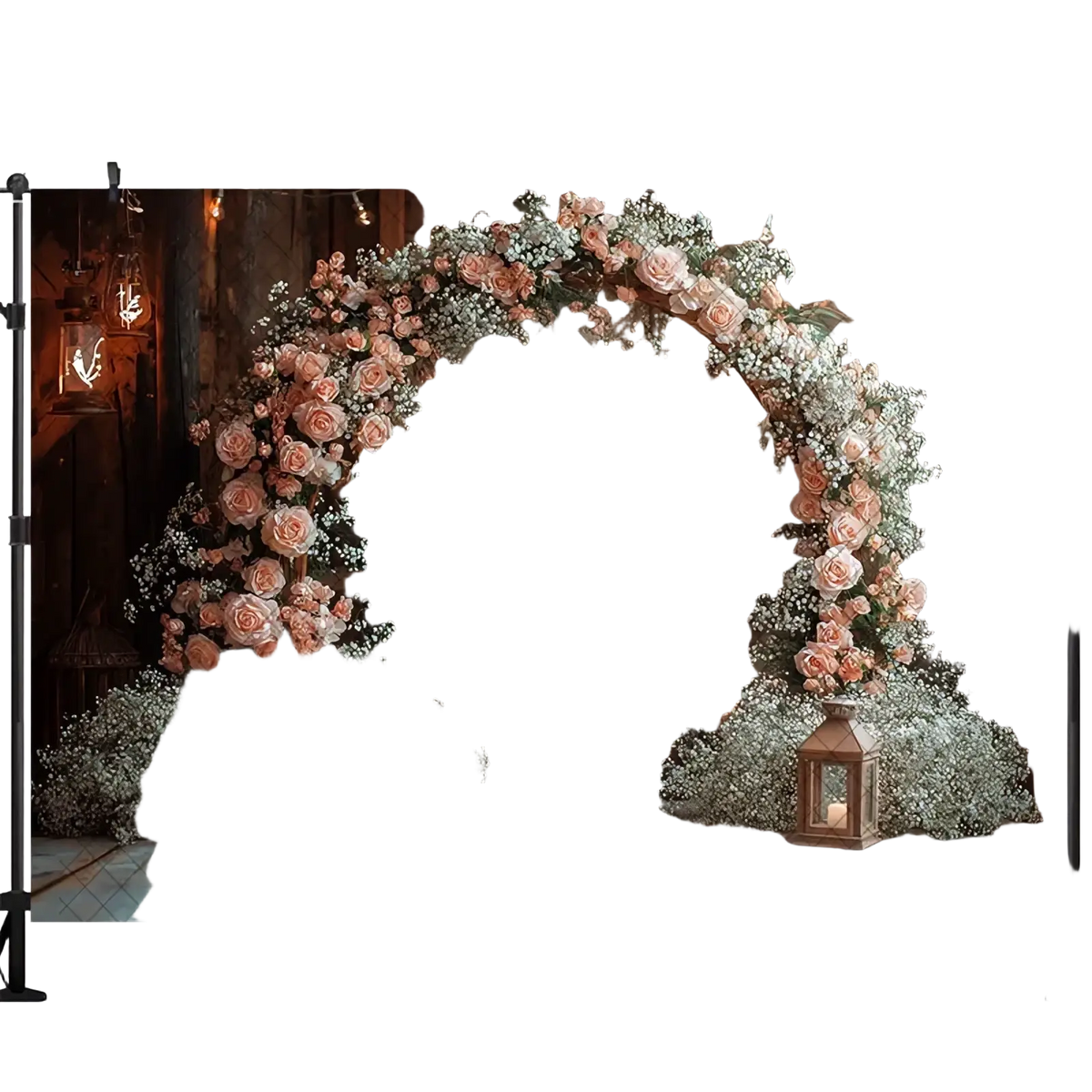 Rustic wedding photography backdrop featuring a wooden wreath background with pink roses baby’s breath and lanterns