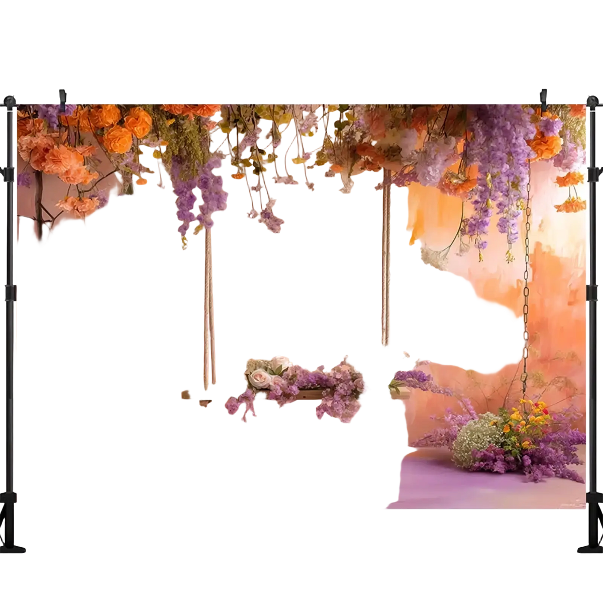 Rustic wedding photography backdrop featuring a wooden wreath swing with purple and orange blossoms on peach wall