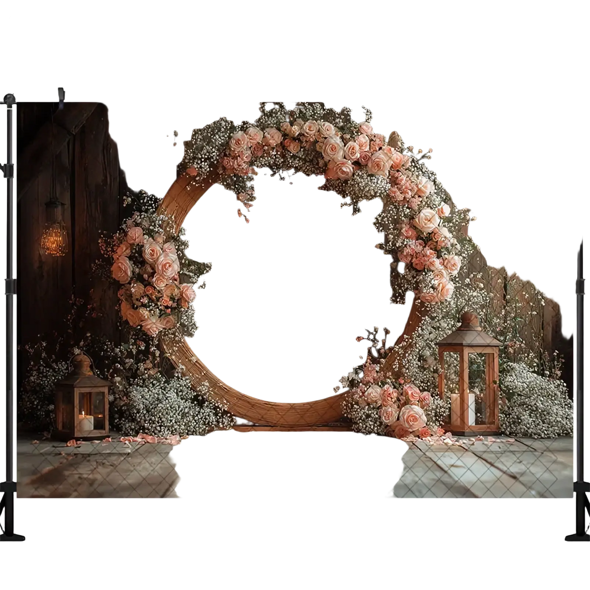 Rustic wedding photography backdrop wooden wreath adorned with pink roses baby’s breath and vintage lanterns on wood floor