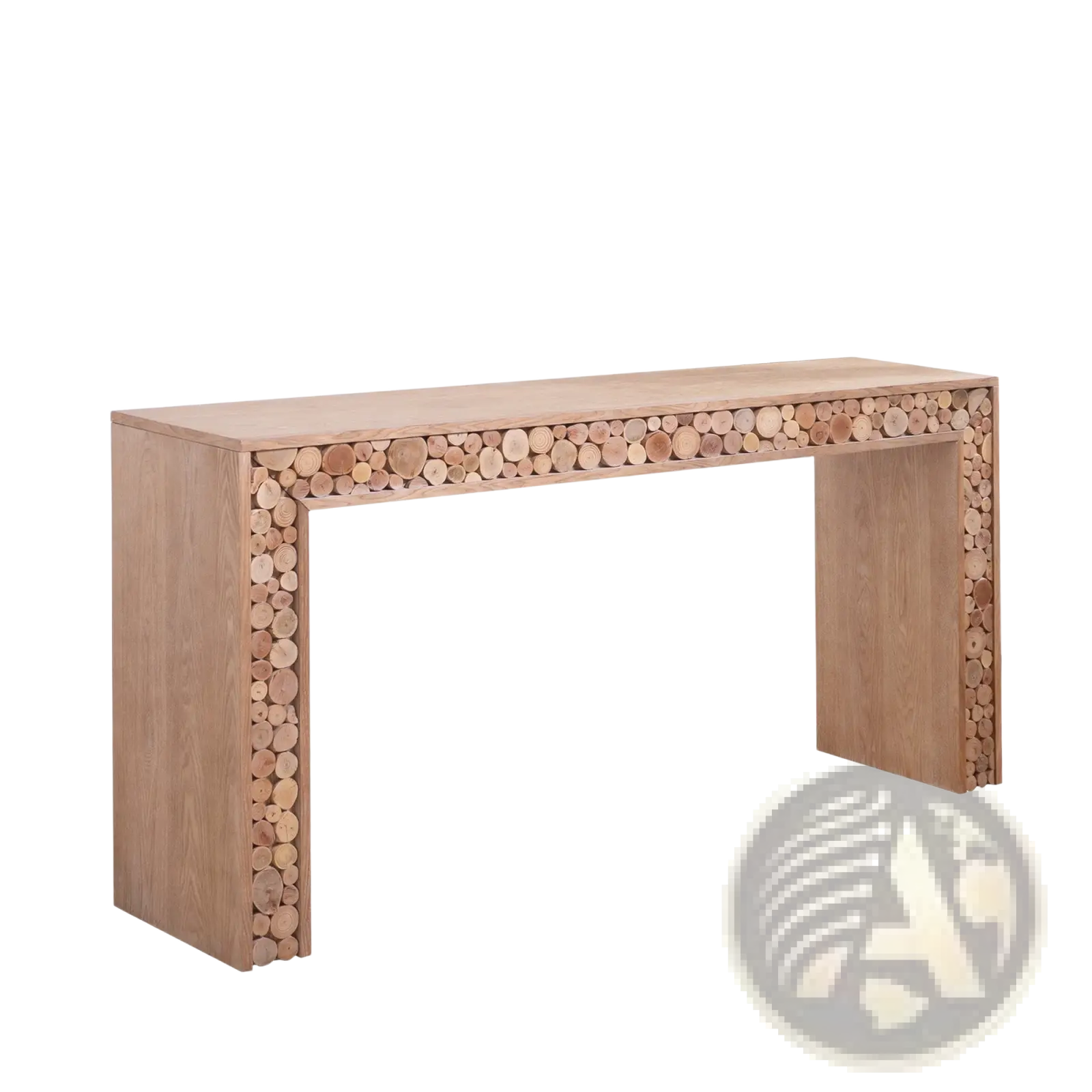 Rustic wood console table in light oak with stacked circular wood slice accents along its edges and natural log design