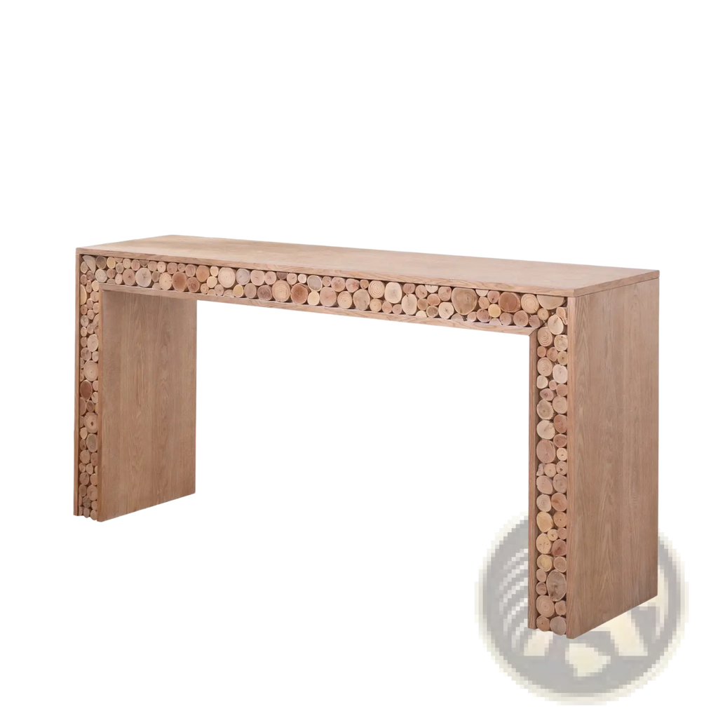 Rustic wood console table with natural log accents in light wood finish featuring stacked circular wooden slices