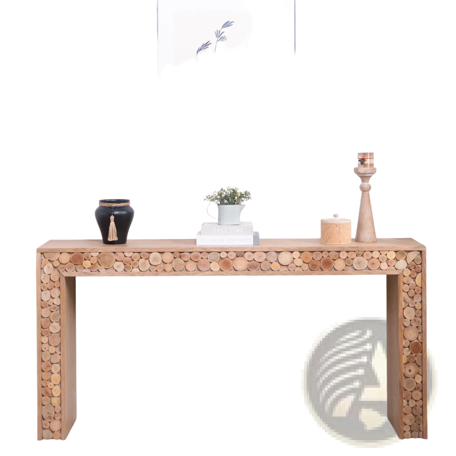 Rustic wood console table with natural log accents featuring stacked tree slice design and organic wood tones