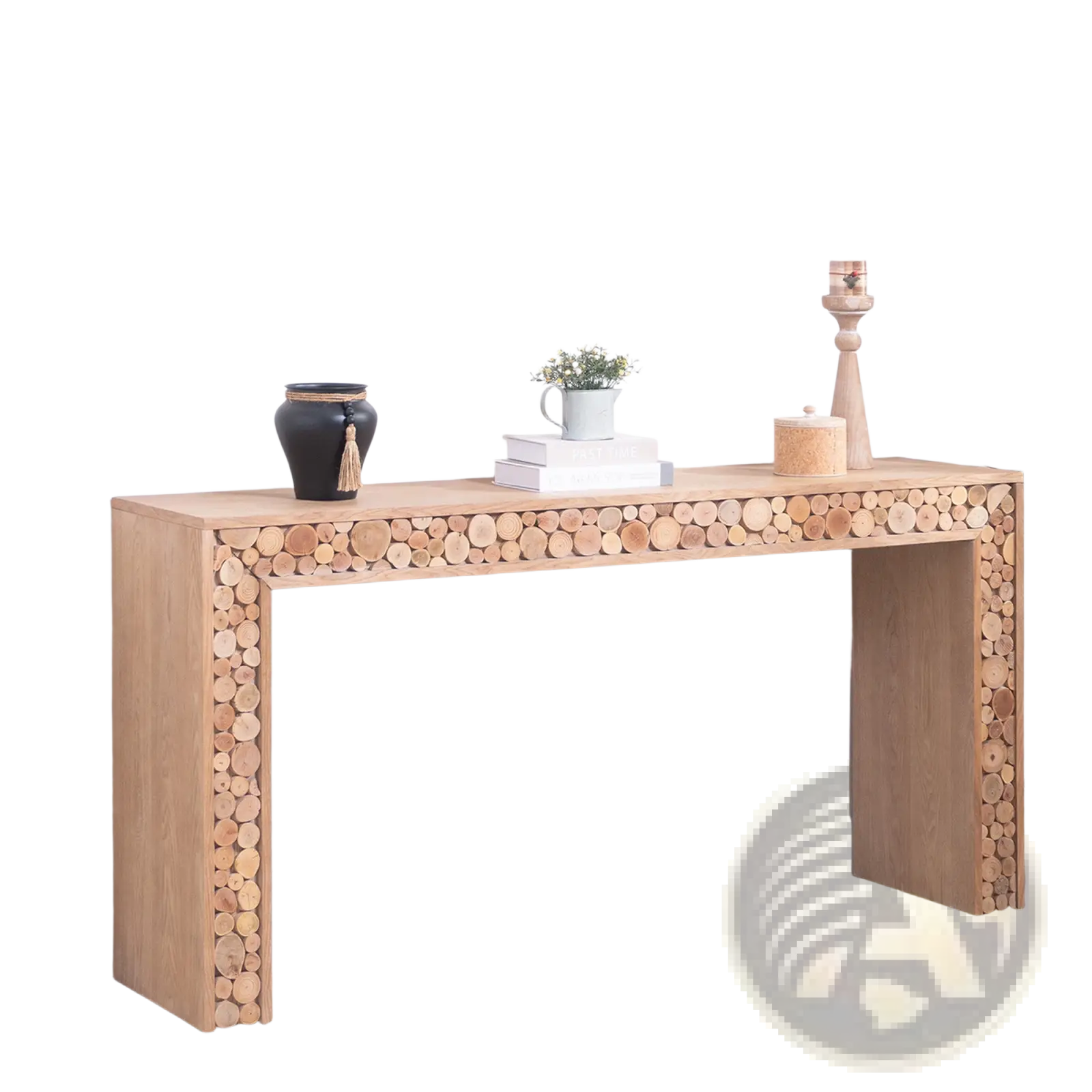 Rustic wood console table with natural finish and decorative stacked circular wood slice accents on sides and front edge