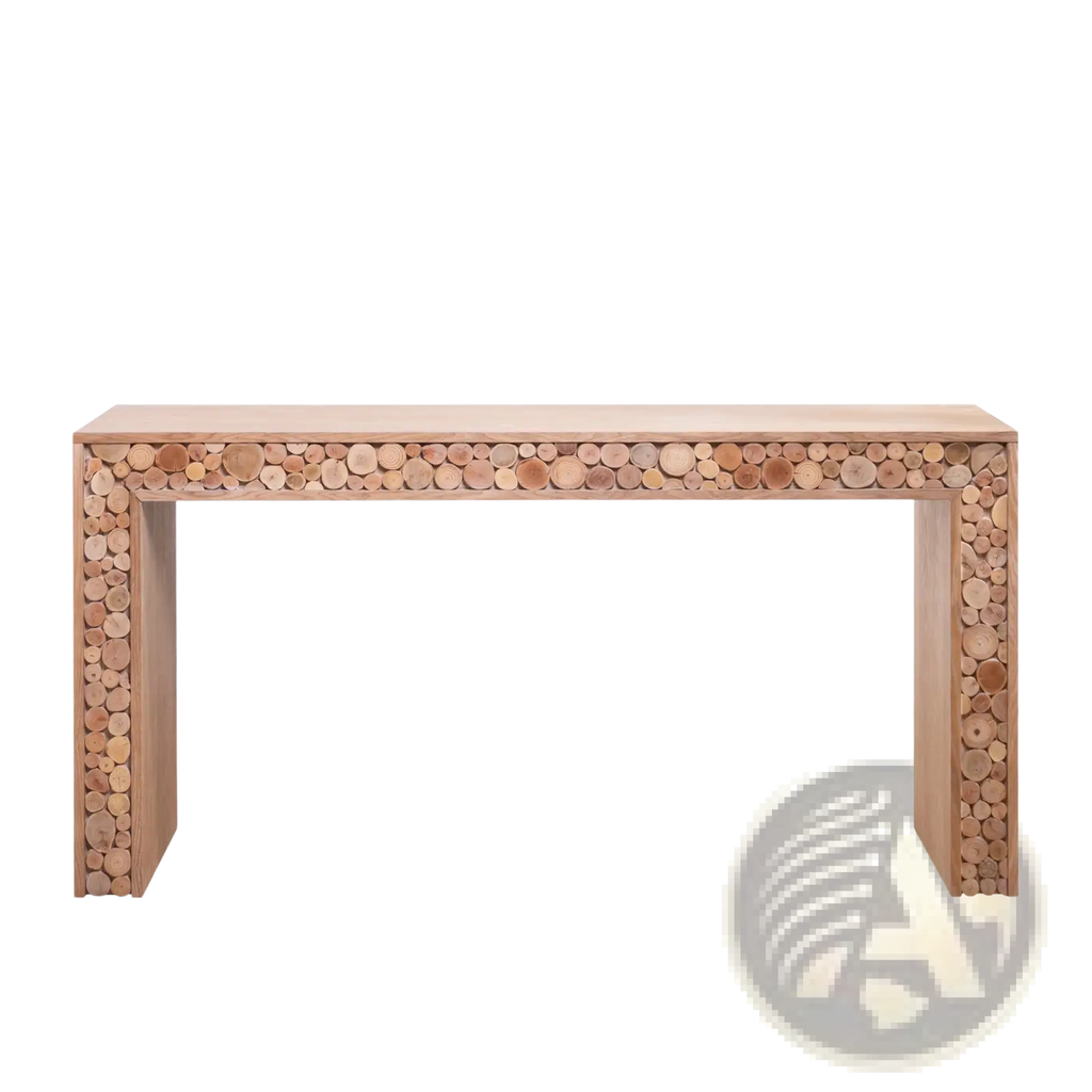 Rustic wood console table with smooth light-toned top and sides featuring intricate natural log accents in beige and brown