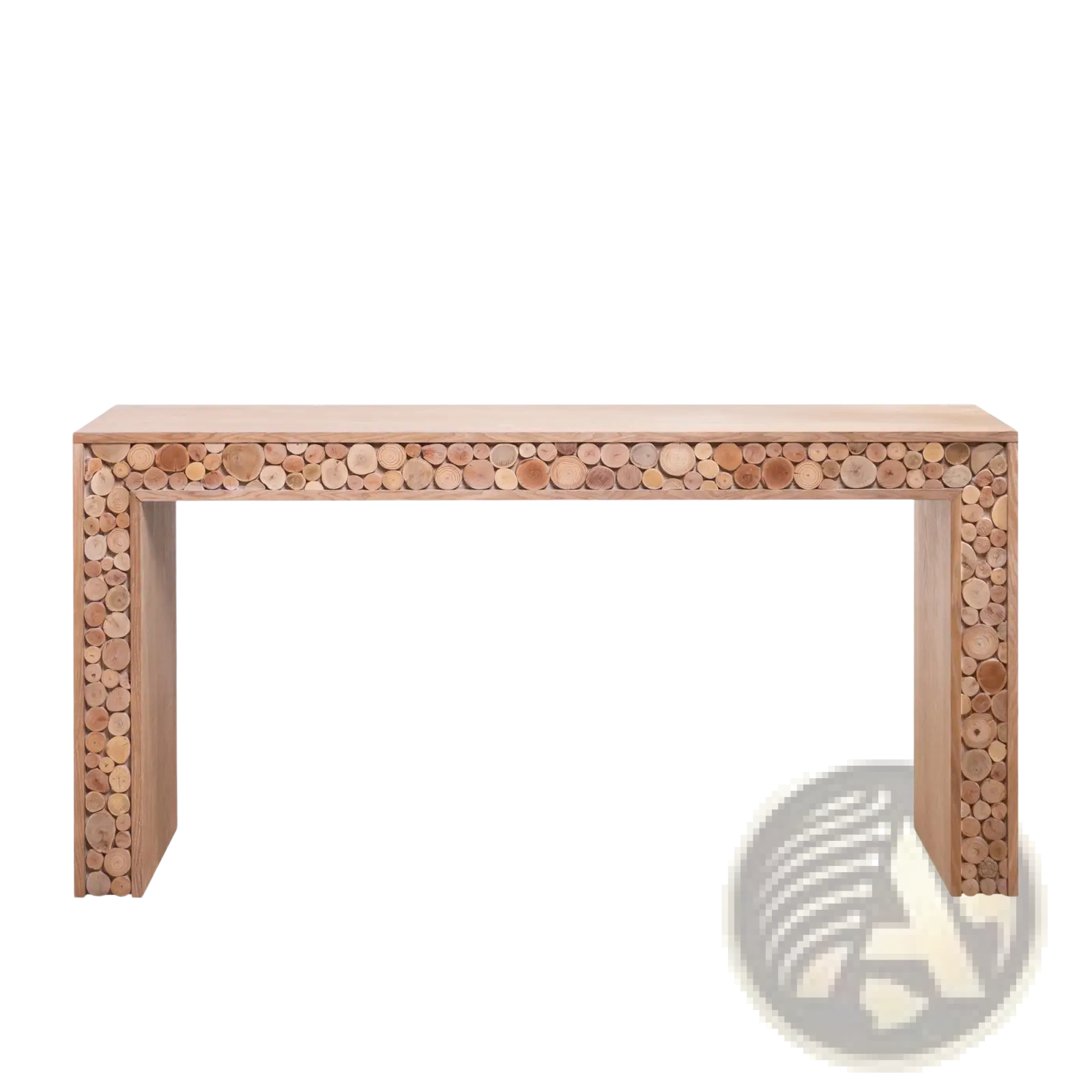 Rustic wood console table with smooth light-toned top and sides featuring intricate natural log accents in beige and brown
