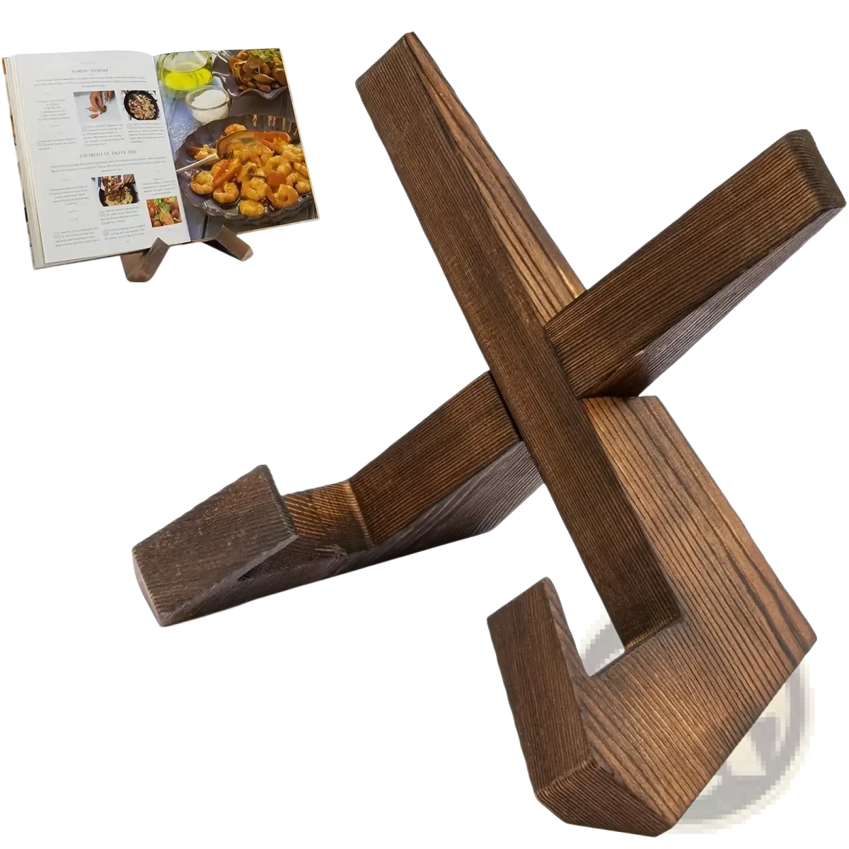 Rustic wooden cookbook stand and tablet holder in dark brown with cross-shaped design and visible wood grain
