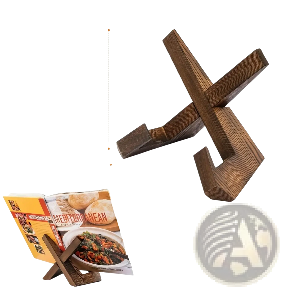 Dark brown wooden cookbook stand and tablet holder featuring a cross-shaped design for rustic use