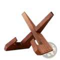 Rustic wooden cookbook stand and tablet holder with dark brown wood grain and cross-shaped design