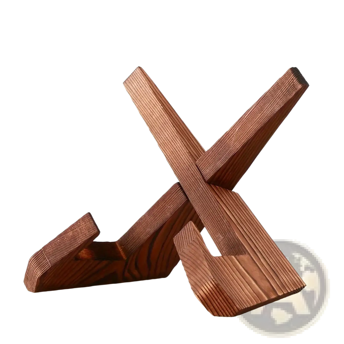 Rustic wooden cookbook stand and tablet holder with dark brown wood grain and cross-shaped design