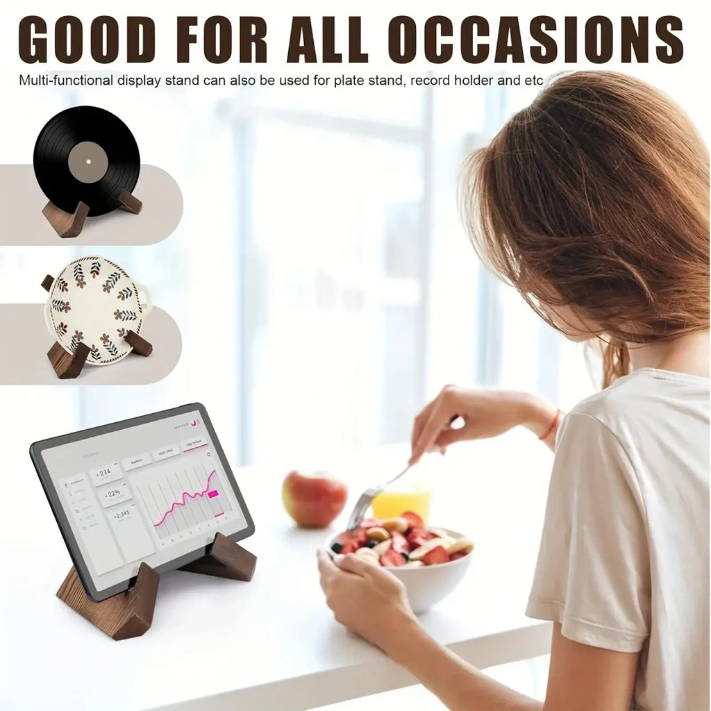 Dark brown wooden rustic cookbook stand and tablet holder with multi-functional display for kitchen use