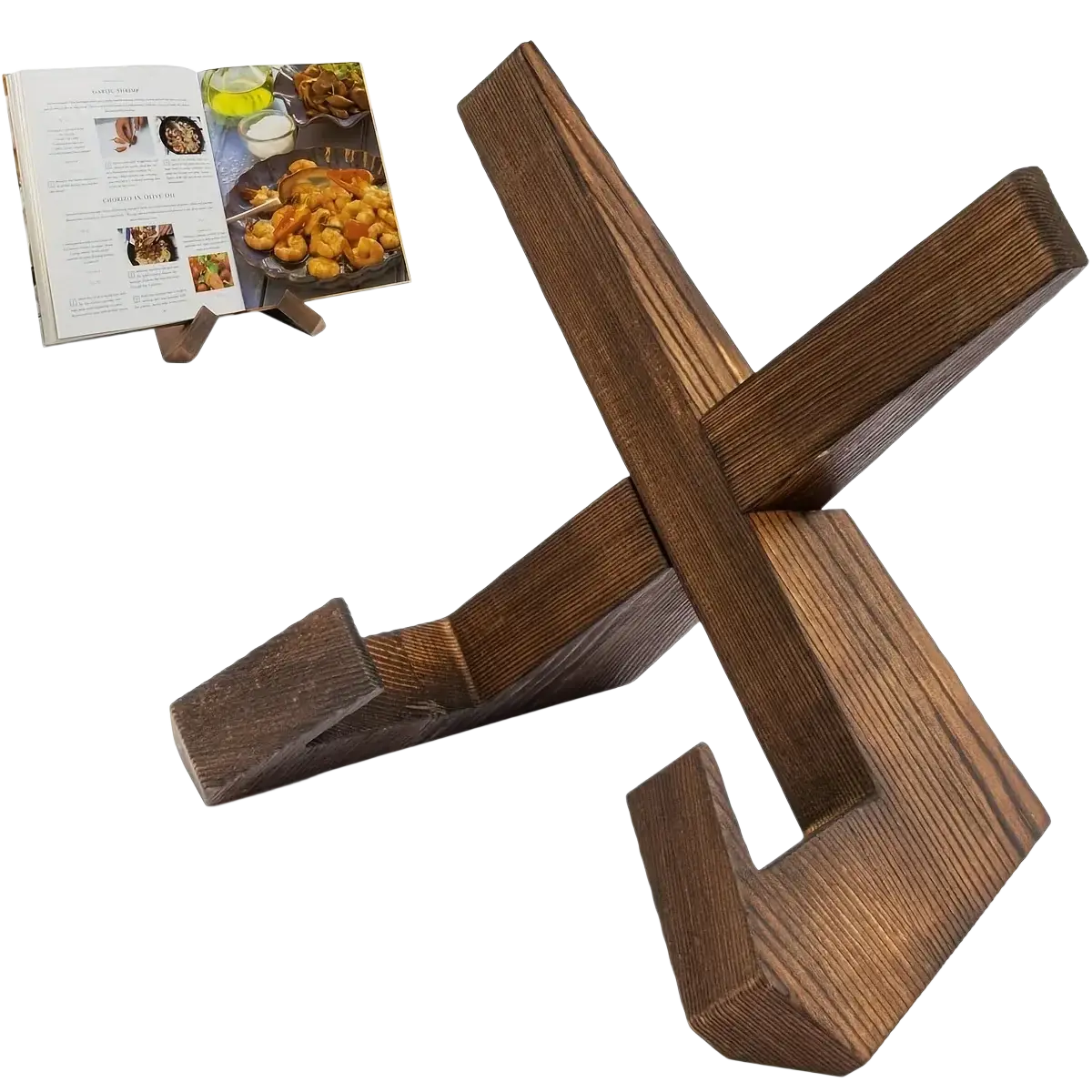 Rustic wooden cookbook stand and tablet holder in dark brown with cross-shaped design and visible wood grain