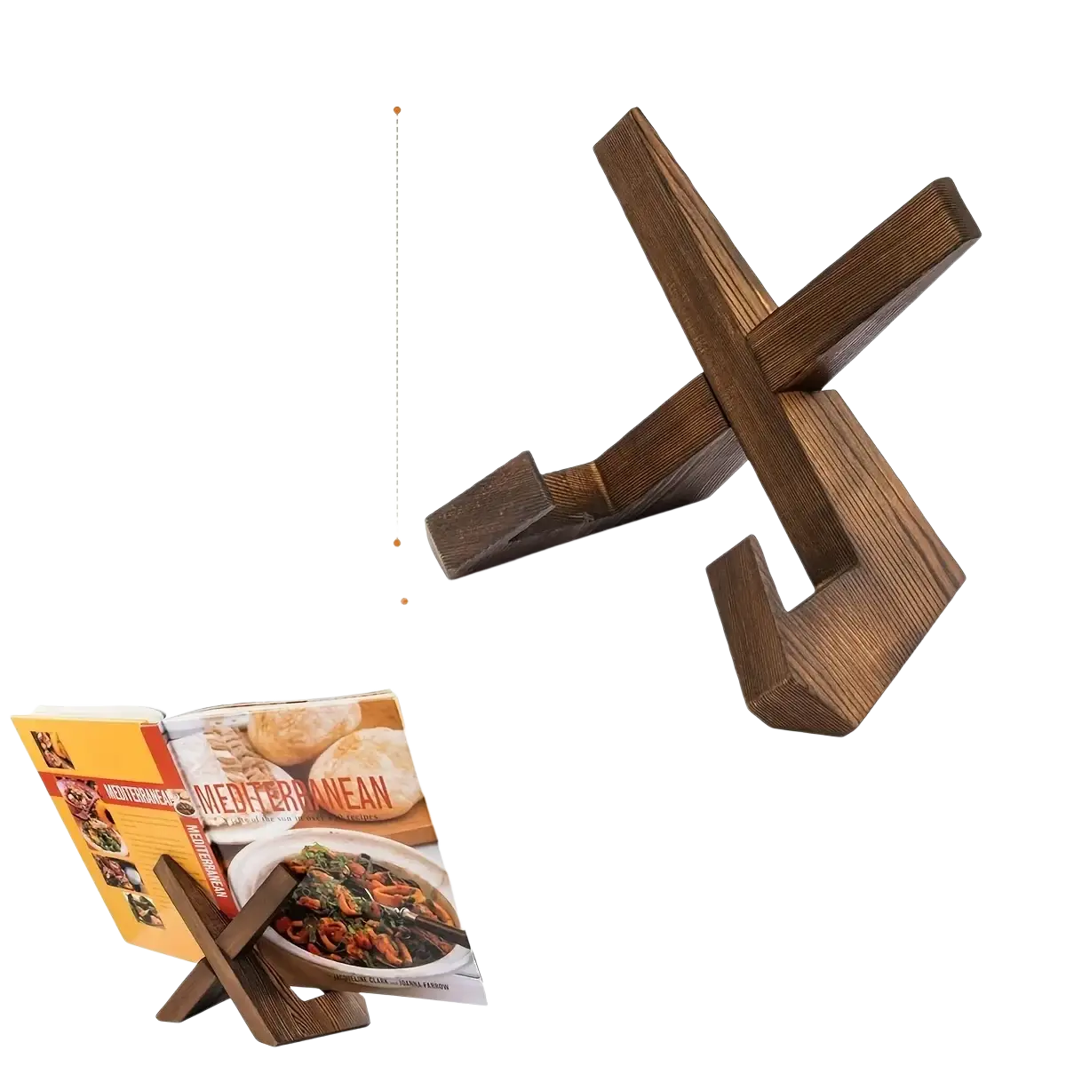 Dark brown wooden cookbook stand and tablet holder featuring a cross-shaped design for rustic use