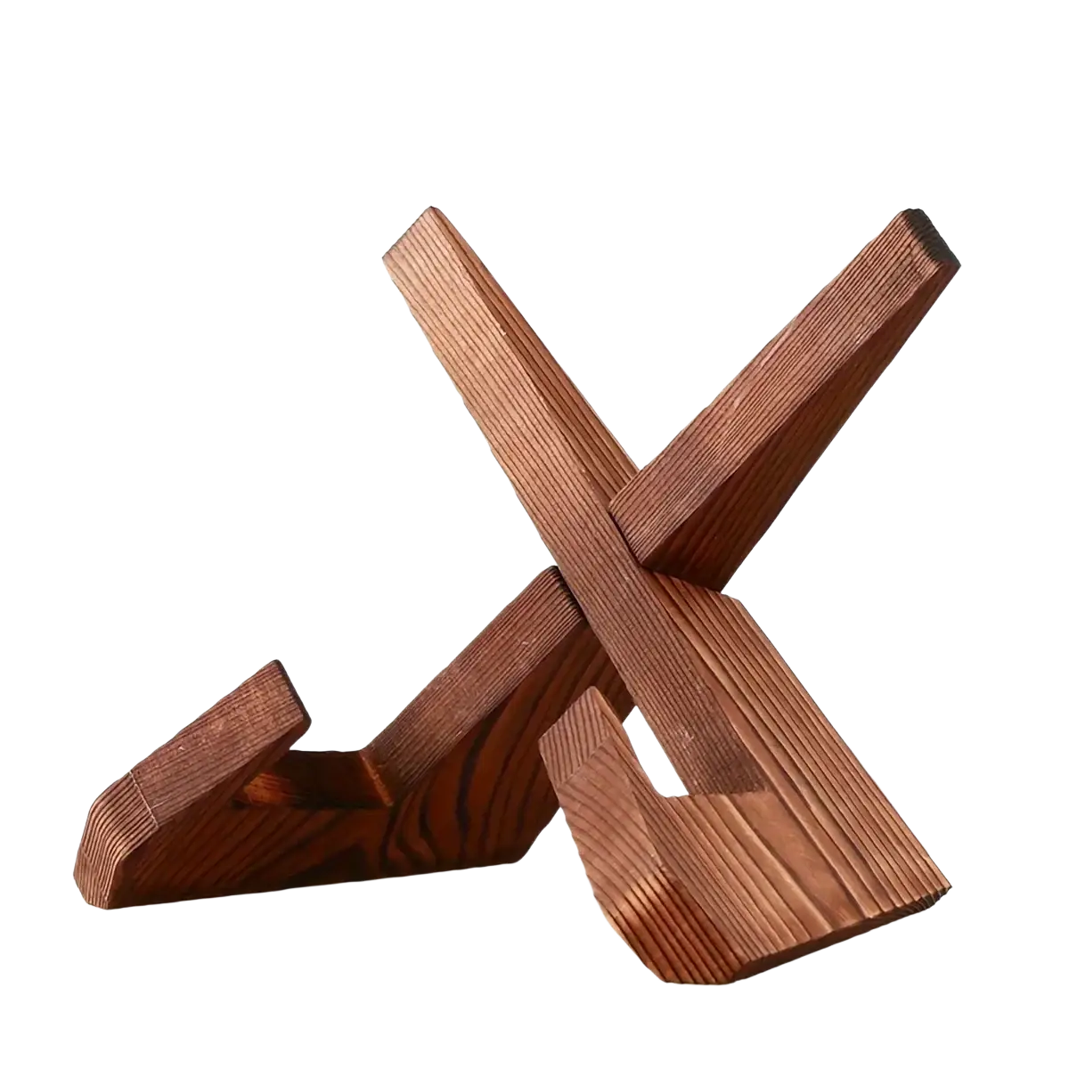 Rustic wooden cookbook stand and tablet holder with dark brown wood grain and cross-shaped design