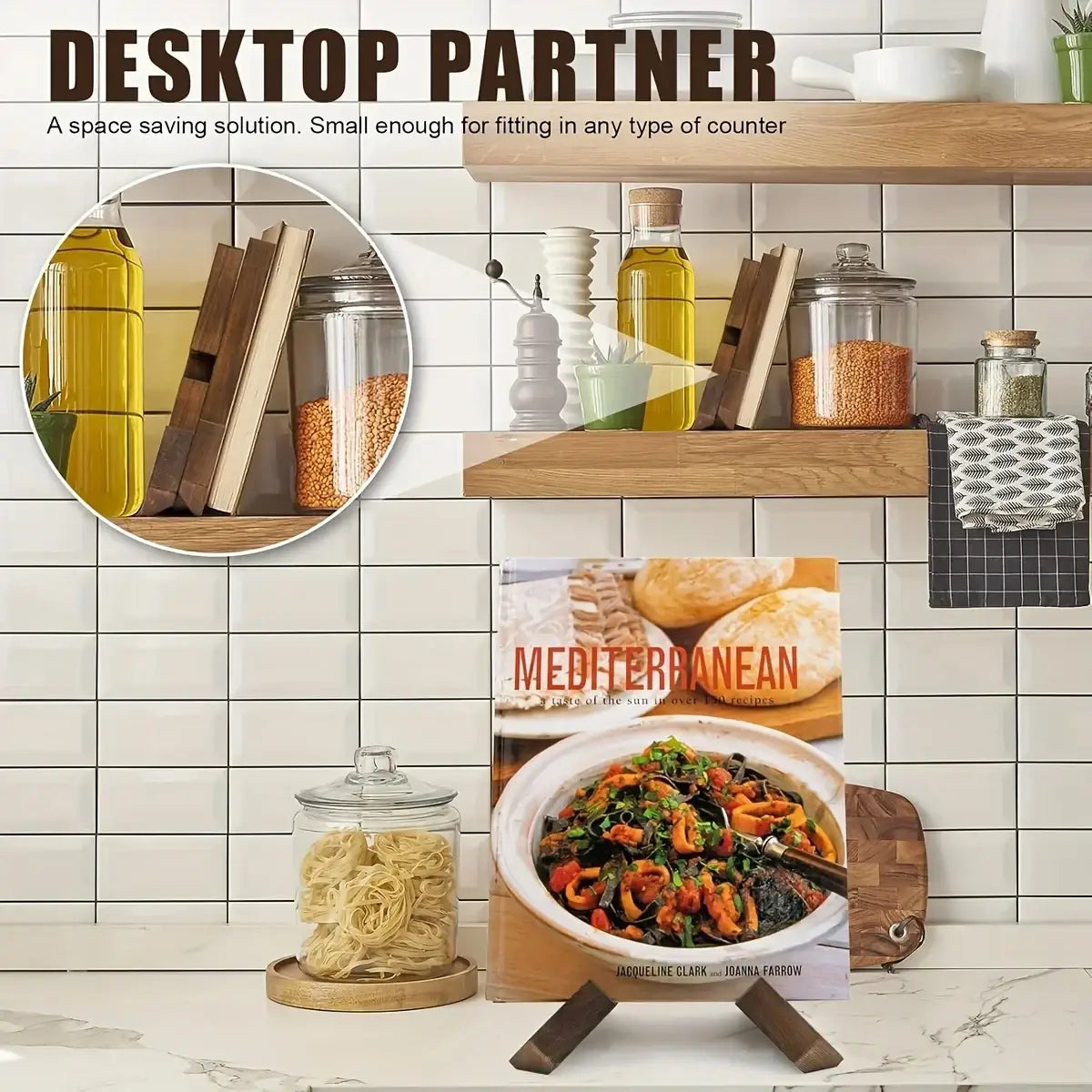 Rustic wooden cookbook stand and tablet holder with tripod design holding a mediterranean cookbook upright